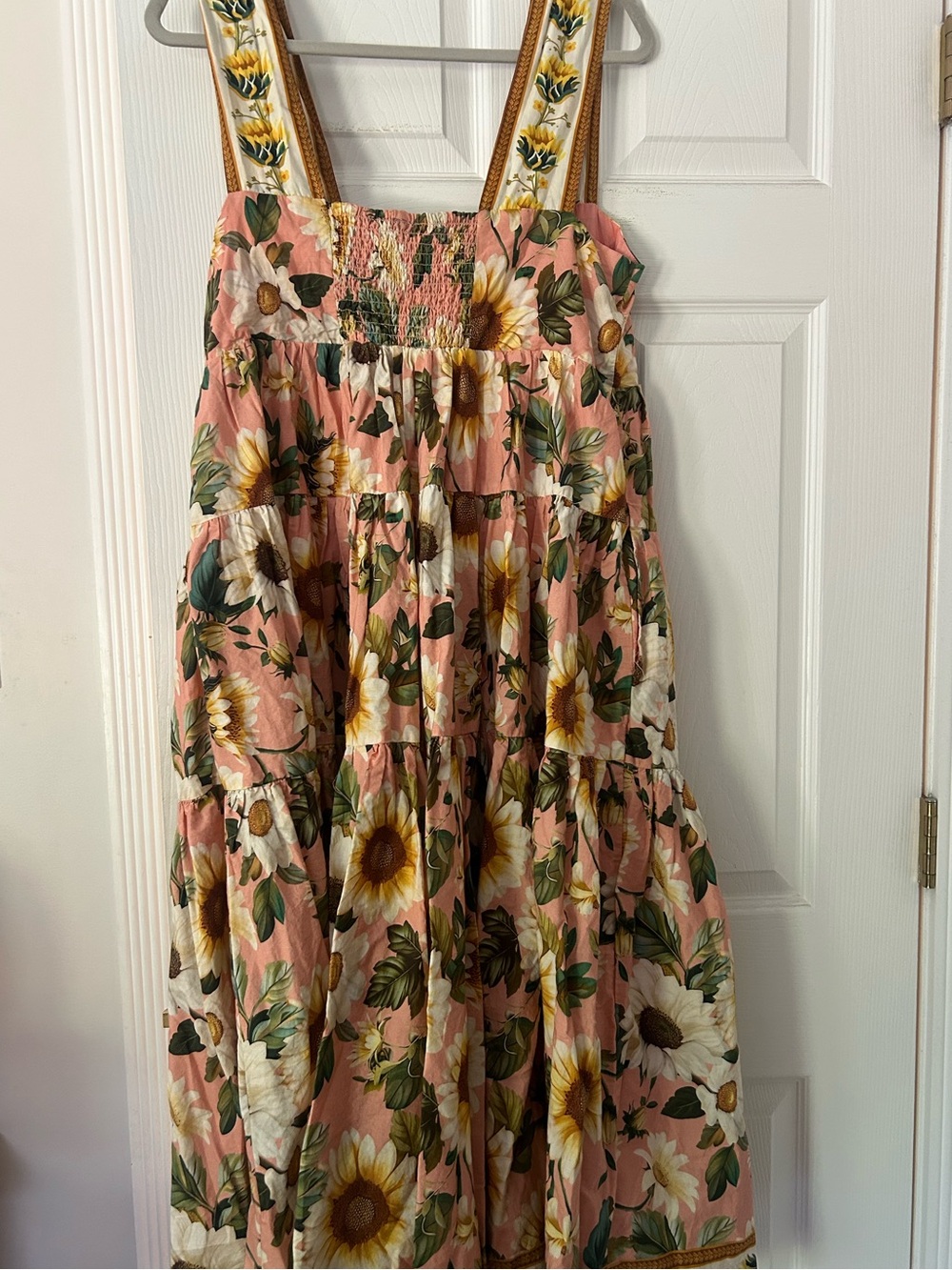 Anthropologie Helena Square Neck Pink Sunflower Tiered Midi Dress - Picture 5 of 5